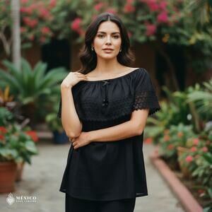 Black Mexican Blouse with Lace Trim – Lightweight Chiffon-Style Top for Women